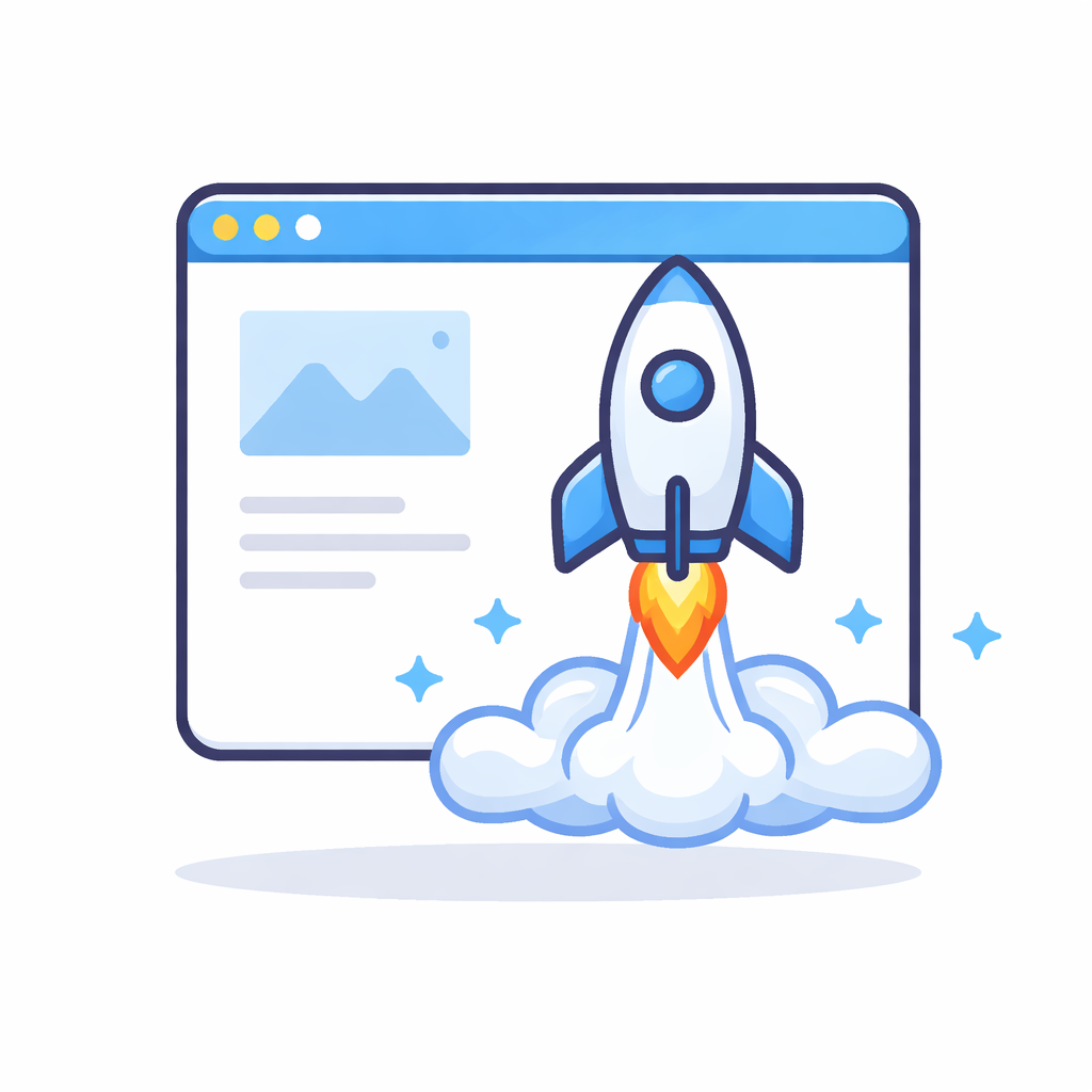 Icono minimalista de una estructura de página web con un cohete despegando, representando una Landing Page básica y rápida.