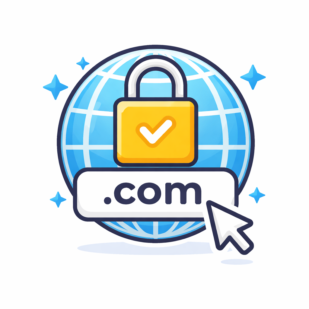 Icono de un candado de seguridad sobre un globo terráqueo y un puntero de ratón, representando un Dominio .com seguro.
