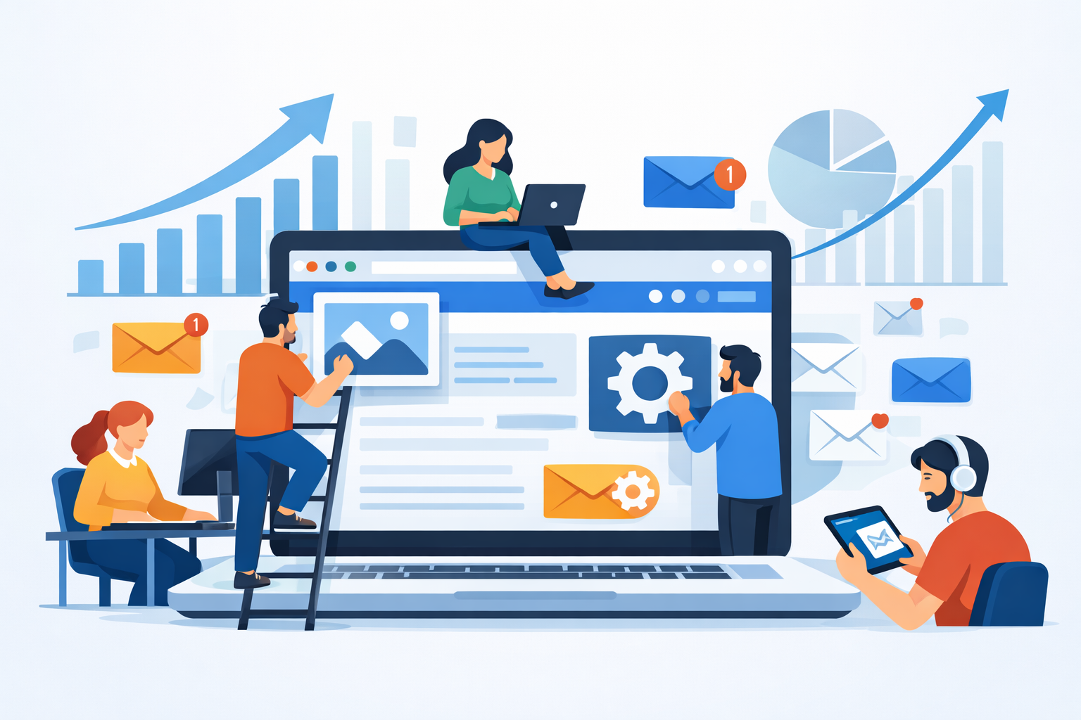 Ilustración moderna de un equipo de trabajo configurando una página web y correos electrónicos en una laptop, con gráficos de crecimiento de fondo. Estilo limpio y digital.